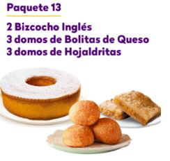 Paquete 12- 1 bizcocho inglés, 3 domos de bolitas de queso y 3 domos de hojaldritas