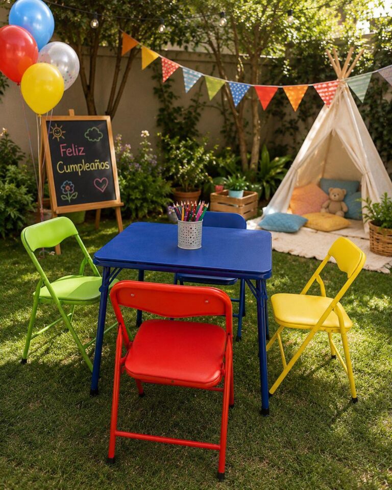 Mesita infantil azul con sillitas de colores de Econoplaya en Playa del Carmen